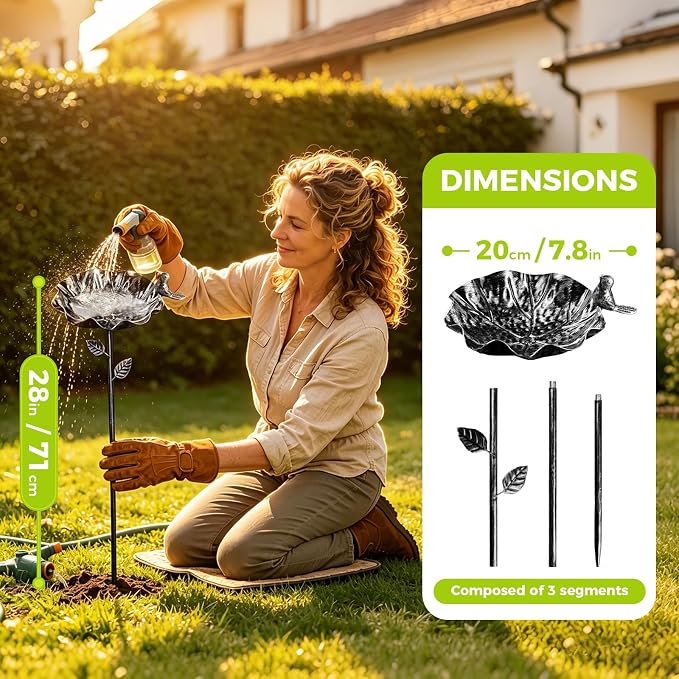 Bird Bath for Outside, 28 Inches Metal Bird Feeders for Outdoors, Bird Water Bowl & Hummingbird Feeders, Antique Garden Decorative Stakes for Yard Lawn Decor, 2 PCS, Silver