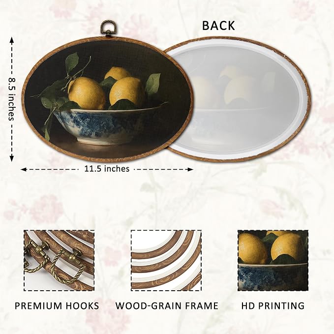 DOFQZ Dark Academia Lemon Oval Wall Art Decor, Vintage Moody Lemon Framed Wall Art, Rustic Farmhouse Fruit Walls Hanging Decor for Kitchen Dining Room Bedroom Home, 11.5x8.5 Inch