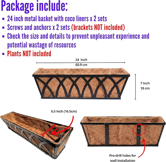 LaLaGreen Wall Planter (2 Pack, 24 Inch) Large Wall Hanging Planter Coco Liner Metal Iron Window Flower Boxes Outdoor Basket Box Attach House Outside Fence Rail Railing Plant Holder Deck Porch Balcony