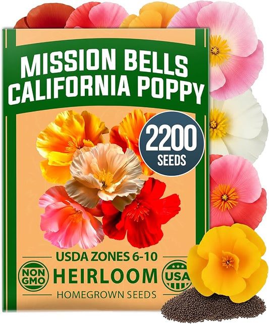 HOME GROWN California Poppy Mission Bells 2200 Seeds (2g) – Flower Seeds for Planting Outdoors, Vibrant Spring & Summer Blooms, Drought Tolerant Annual for Sunny Gardens (Eschscholzia californica)