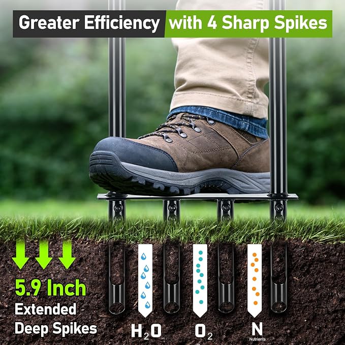 Knee-Friendly Manual Lawn Aerator Tool, 42.6-45 Inch Adjustable Height Core Aerator for Grass, Pre-Assembled Yard Aeration Tool with 4 Hollow Tines for Lawn Care and Compacted Soil