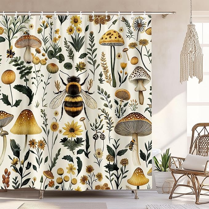Rustic Boho Mushroom Shower Curtain, Vintage Chic Bee Mushroom Botanical Floral Farmhouse Cottagecore Aesthetic Shower Curtain Set with Hook, Fairy Witchy Plant Shower Curtain for Bathroom 72X84 Beige