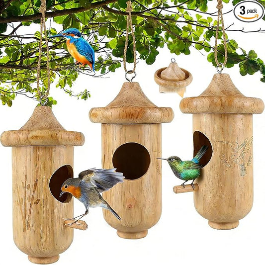 Hummingbird House for Outside Hanging, Small Wooden Hummingbird Gifts Nest 3 Pack with Hemp Ropes, Gardening Gifts Humming Bird Houses Home Decoration