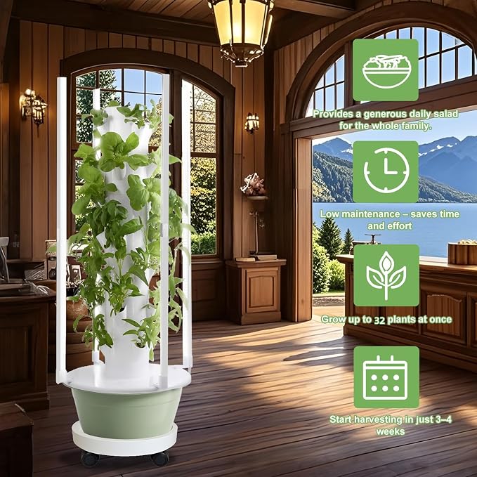 Hydroponic Growing Tower with LED Lights, 8-Layer 32 Large Planting Sites, Automatic Watering System with Dual Timer, Indoor Vertical Garden for Tomatoes, Peppers, Cucumbers, Herbs and Vegetables