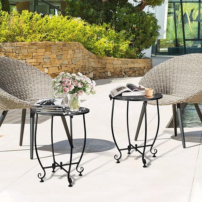 2 Pack Small Outdoor Side Tables for Patio, 14 Inch Metal Patio Side Table, Weather Resistant Steel Outdoor Round End Table for Patio Porch Garden Yard Balcony, Black (Petal)