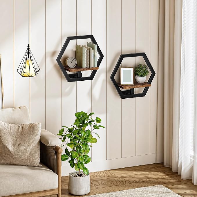 CHOEZON Wall Planters for Indoor Plants Set of 2, Wall Plant Holder, Floating Shelves for Living Room, Bedroom, Kitchen, Home Office, Rustic Brown and Black TBJ40P2BF