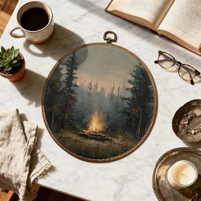 DOFQZ Rustic Dark Forest Campfire Round Wall Art Decor, Vintage Moody Pine Tree Framed Wall Art, Camping Lover Gifts Canvas Wall Hanging Decor for Cabin Home Bedroom, 10x10