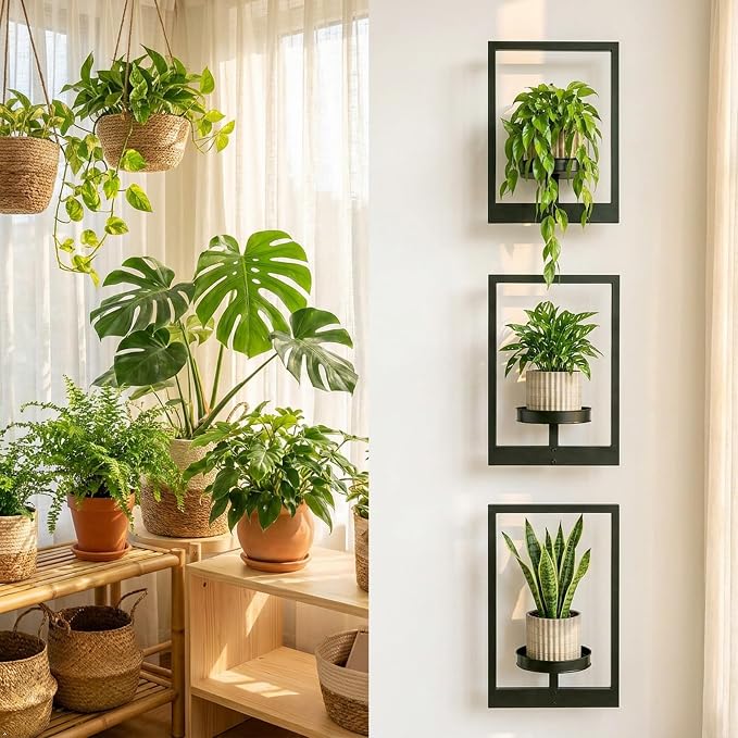 Picture Frame Wall Planters Set of 3, Modern Metal Hanging Shelves for Plants, Rustproof Wall Mount Flower Pot Holder for Indoor Outdoor, Decorative Plant Stand for Living Room Patio, White