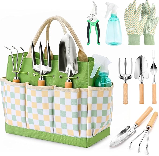 Gardening Tool Set, 9-Piece Heavy Duty with Durable Tote Bag, Ergonomic Rust-Resistant Garden Tools, Ideal Gardening Kit Gifts for Women, Gardener, Beginning Gardener