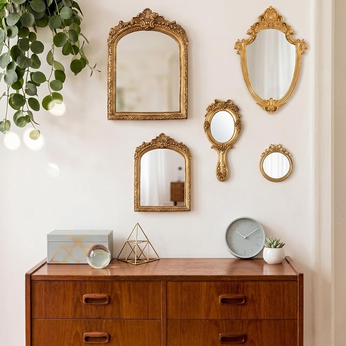 5 Pcs Vintage Gold Mirror Luxury Set Small Gold Mirrors Vintage Gallery Wall Mirror Hanging Antique Art Decor for Wall Living Room Entryway Assorted Sizes(Classic Style,13in/8in/7in/4in)