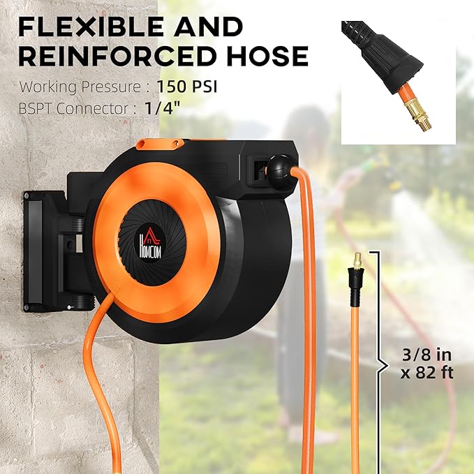 HOMCOM Retractable Air Hose Reel, Wall Mounted Air Compressor Hose Reel with Swivel Bracket, Auto Rewind, 3/8 in x 82 ft, 6.6 ft Lead in, 300 PSI, Air Coupler, Black and Orange