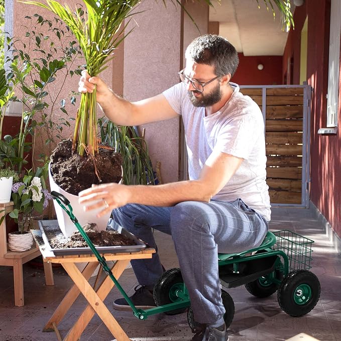 4-Wheel Rolling Garden Cart Work Seat with Tool Tray, Heavy Duty Planting Cart Tools on Wheels, Adjustable Steering Handle & Utility Tool Tray,Gardening Work-Seat,for Patio, Yard, and Outdoors, Green
