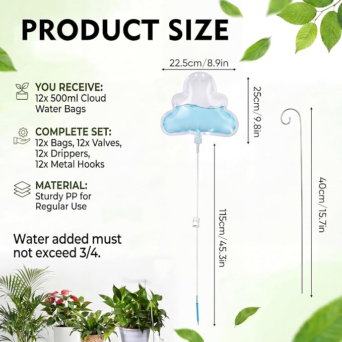 Zhengmy 12 Pcs 500ml Plant Self Watering Bags, Cloud Shape Automatic Drip Irrigation System with Adjustable Valve and Support Stakes, Slow Release Vacation Plant Waterer for Indoor Outdoor Plants