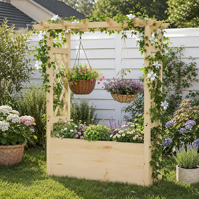 Giantex Set of 2 Raised Garden Bed with Sided Trellis & Hanging Roof, Wood Planter Box, Freestanding Garden Planter Raised Bed for Flowers Herbs Climbing Vines 31”x16”x41” (L x W x H)