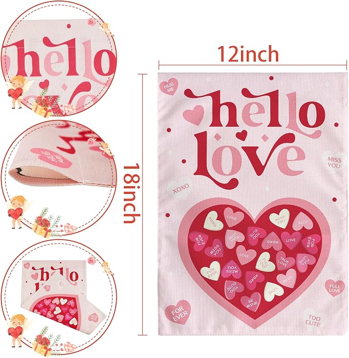 Valentines Day Decorations - Heart Love Welcome Garden Flag | Valentines Day Decor Party Favors Supplies for Outdoor Indoor Double-Side Backdrop Banner for Garden Porch Patio Lawn Yard Home,12x18
