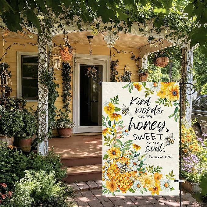 Baccessor Summer Bee Garden Flag 12.5x18 Inch Double Sided Burlap, Kind Word Honey Sweet Yellow Floral Flowers Holiday Front Yard Lawn Outdoor Outside Decoration