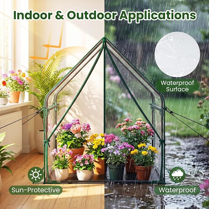 Giantex Mini Greenhouse, Outdoor Portable Green House with Sturdy Metal Frame, Ground Stakes & Wind Ropes, Clear Tent Small Greenhouse for Indoor Outdoor Plants (36"x36"x43")