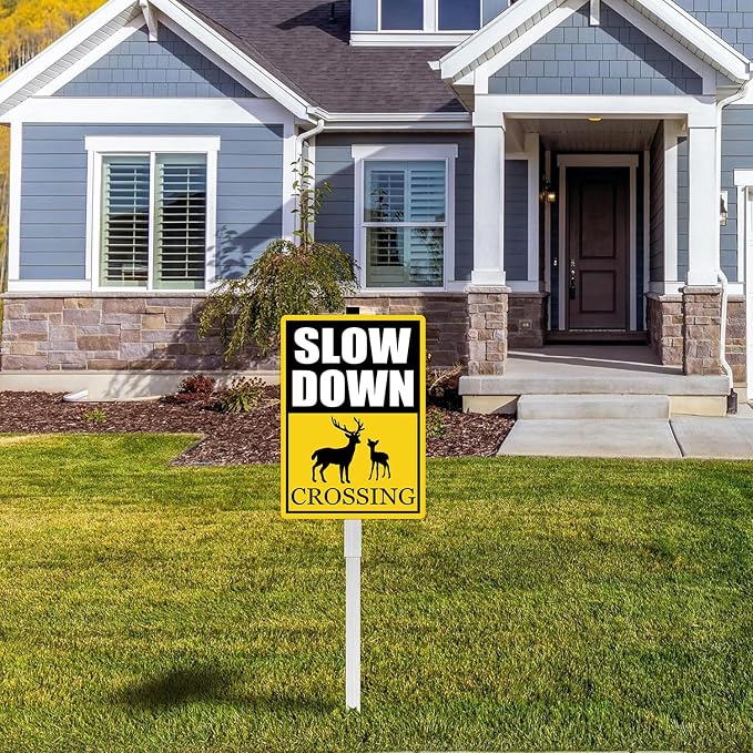 Deer Crossing Slow Down Yard Signs with Stake Safety Sign for Street Rustproof Reflective Aluminum Caution Drive Slowly Watch for Deer Sign Garden Animal Sign for Neighborhoods