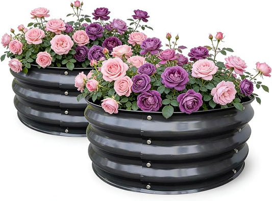 GrowHaus 2x2x1FT Galvanized Raised Garden Bed, Planter Boxes Outdoor Round Metal Garden Beds for Planting Vegetables Flowers Herbs 2 Pack Dark Gray