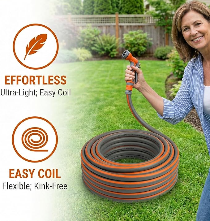 PremiumPro 75FT 5/8" Heavy Duty Reinforced Garden Hose, Large Flow,600 PSI Burst Pressure, Four Layer Hybrid Polymer Anti Kink with 360 Swivel Brass Connectors and handle for yard,washing & irrigation