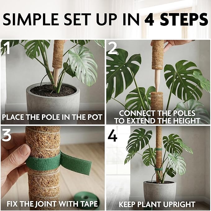 2 Pcs Moss Sticks for Indoor Plants Climbing with Coconut Fiber and Plant Tie Tape - 15.75 Inch Stackable Small Moss Pole for Monstera, Pothos, Philodendron, Money Plants & Indoor Houseplant Vines