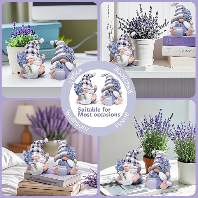 Hodao Set of 2 Lavender Gnome Figurines - Spring Decor for Bathroom, Shelf, Tiered Tray Patios, and Garden, Gift for Mom Friends Housewarming