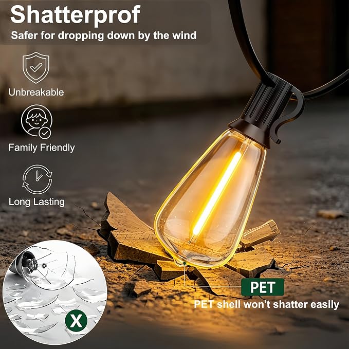 Outdoor String Lights, Waterproof Shatterproof Vintage Bulbs | 25FT Patio Lights, 10 bulbs, Dimmable & Connectable, 2700K Warm White, ideal for Balcony, Porch, Party & Indoor Decoration