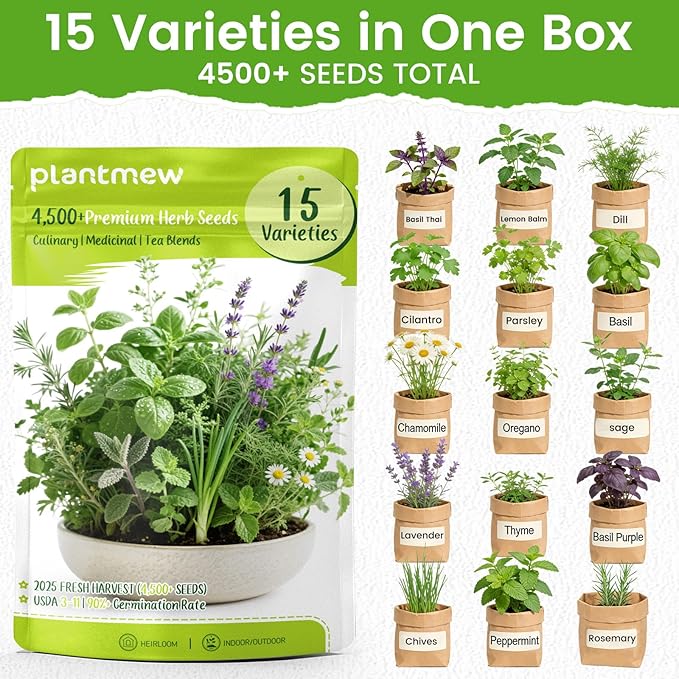 Herb Seeds 15-Pack – 4,500+ Heirloom Seeds for Planting – Indoor & Outdoor Herb Garden Kit with Basil, Cilantro, Rosemary, Thyme, Dill, Sage – Medicinal & Culinary Herb Seeds Variety Pack