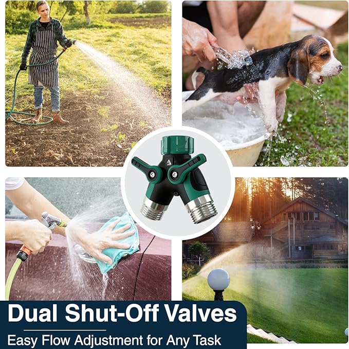 DBR Tech® Hose Splitter 2 Way, Heavy Duty Metal Connector, Two Way Garden Hose Splitter, High Flow Spigot Faucet Bib Adapter, Solid Double Y Shut Off Valve for Outdoor Gardening Hoses, Green
