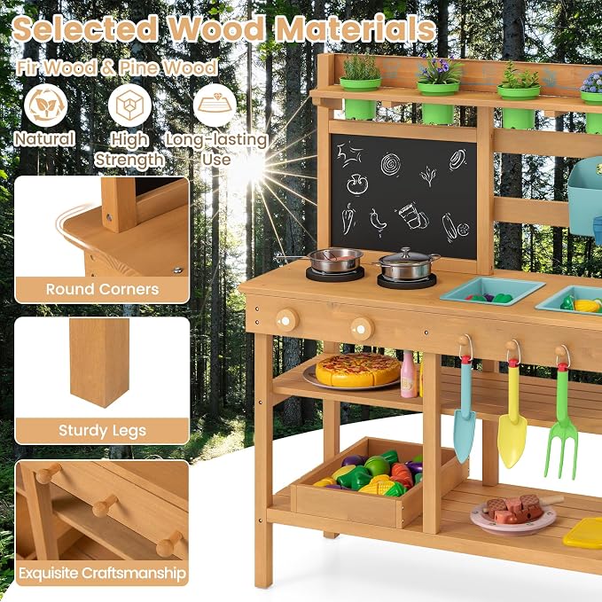 Costzon Mud Kitchen, Toddler Wooden Pretend Playset w/Faucet, Pots, Removable Sinks, Chalkboard, Stovetops & Planting Accessories, Mud Kitchen for Kids Outdoor, Garden, Backyard, Girls & Boys 3+