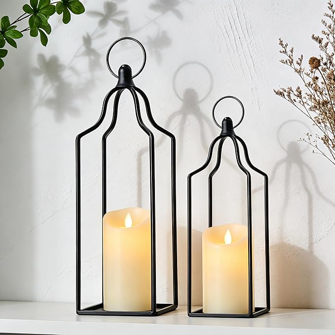 Rustic Farmhouse Decor Metal Lantern Set of 2 Decorative Lanterns for Home Indoor Outdoor Living Room, Fireplace, Patio, Wedding & Kitchen Table Centerpieces (Black, 16.9" 14.5")