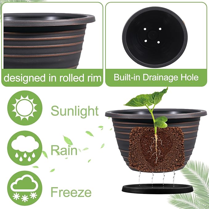 KPUVX 12 Inch Plastic Flower Pot for Indoor and Outdoor Plants, 3 Pack Large Planters with Drainage Holes & Saucers, Retro Antique Imitation Decorative Garden Pots