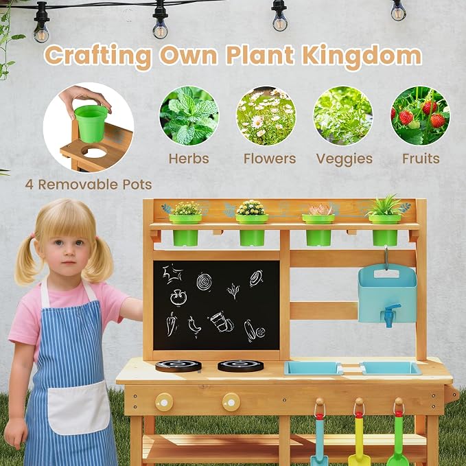 Costzon Mud Kitchen, Toddler Wooden Pretend Playset w/Faucet, Pots, Removable Sinks, Chalkboard, Stovetops & Planting Accessories, Mud Kitchen for Kids Outdoor, Garden, Backyard, Girls & Boys 3+