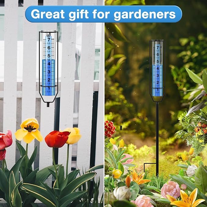 BoArt Rain Gauge, 7" Freeze-Proof Thickened Transparent Plastic Rain Gauge Outdoor, Large Clear Numbers and Adjustable Height Rain Measuring Tool for Garden, Lawn, Patio, and Farm Use
