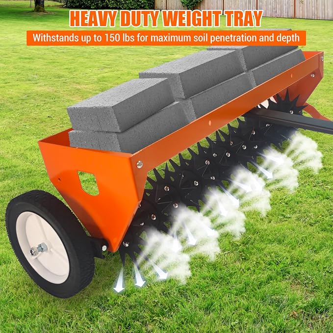 GarveeLife 40 in Tow Behind Aerator, Aerator Lawn Tool with Universal Hitch, Adjustable Handle, Transport Wheels, Lawn Aerator Compatible with Tractors for Garden, Farm and Lawn, Orange