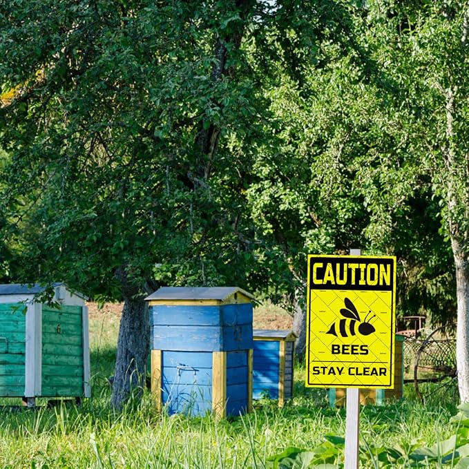 EMOHAT Caution Bees Stay Clear Metal Tin Sign, Farmhouse Retro Wall Decor for Outdoor Bees Premises,16x12 Inch Funny Warning Sign for Farm Cafe People Cave