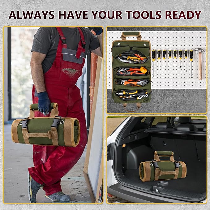 Tool Bag, Tool Bags for Men, Heavy Duty Tool Organizer, Portable Roll Up Tool Bag Gifts For Him, Mechanic, Electrician and Hobbyist, Car Tool Roll Organizer -Green