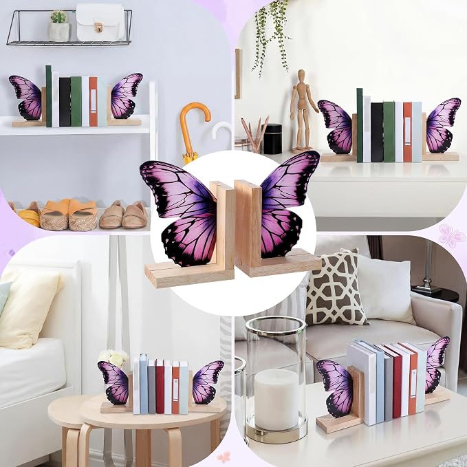 Decorative Butterfly Bookends Wooden Acrylic Butterflys Bookend Modern Bookshelf Decor Accent Book Stopper Decor for Home Farmhouse Shelves Office Lover Gift(Purple Butterfly)
