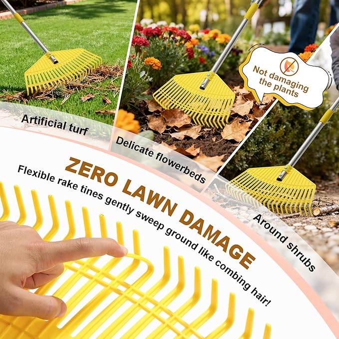 Leaf Rake - 16.5" Wide Nylon Plastic Head,65" Adjustable Handle,Heavy Duty for Leaves,Grass,Pine Needle,Mulch, Small Debris,Lawn-Friendly Tines,Lightweight for Women,Seniors & Kids