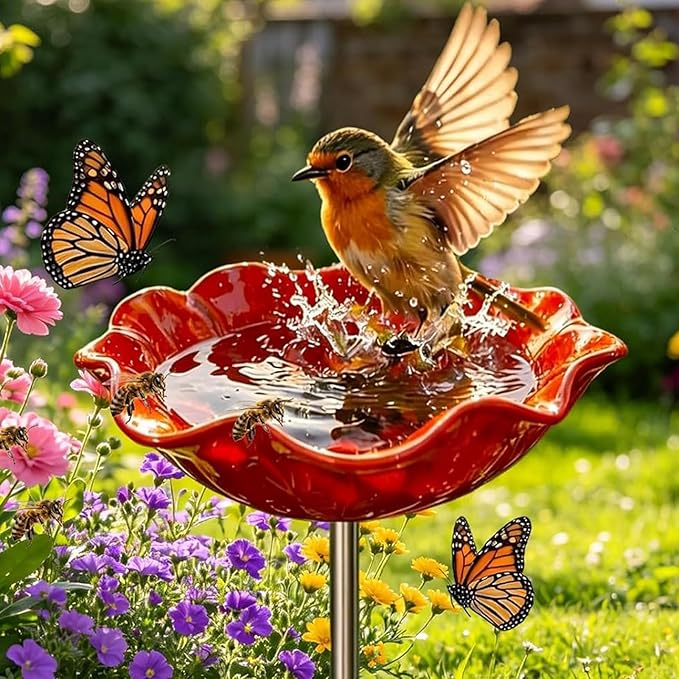 Handmade Metal Flower Garden Stake, Bird Bath for Outside Garden Patio Yard Lawn Decor, Hummingbird Fountain Butterfly Bee Water Feeder, Decorative Yard Art Ornament Gift