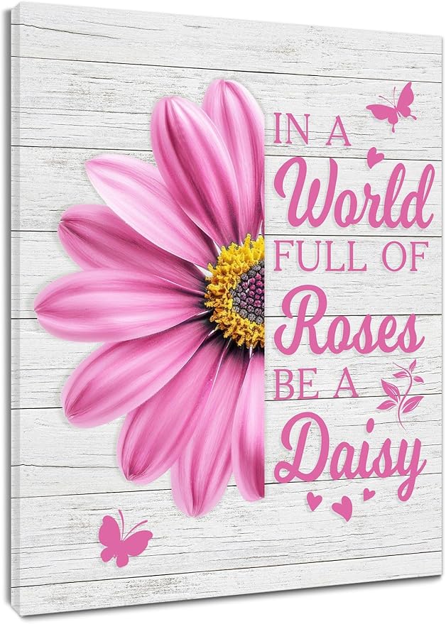 LB Pink Daisy Floral Canvas Wall Art Farmhouse Flower Funny Inspirational Quote Framed Art Prints Rustic Butterfly Wall Decor for Bedroom Living Room Bathroom Kitchen Home Office,20Lx16W inch