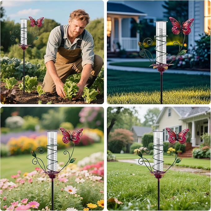 Butterfly Rain Gauge Outdoor Metal Rain Gauge Decorative with Stake Waterproof 8 Inch Rain Measure Gaugefor Yard Garden Patio Lawn