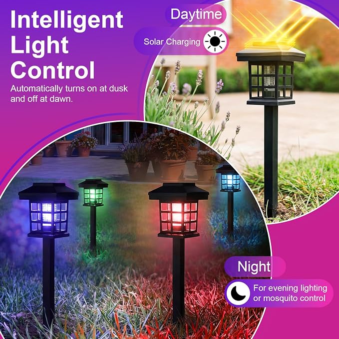 4 Pcs Solar Bug Zapper Outdoor Waterproof 2 in 1 Mosquito Zapper Solar Powered Mosquito Fly Trap Repellent Lamp Kills Bugs LED Lamp with Colored Purple Light for Garden Patio Yard Lawn (Black)