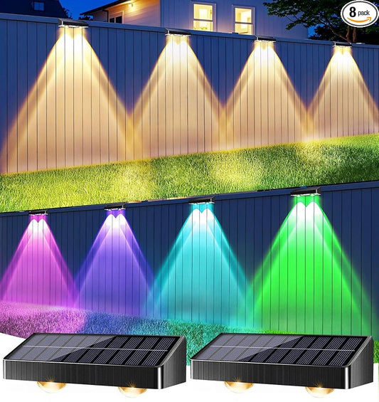 BrizLabs Fence Solar Lights Outdoor, 8 Pack 9 Colors & 11 Modes Color Changing Deck Lights, 250lm Red White & Blue Fence Deck Light IP65 Waterproof Solar Wall Light for Outside Backyard Stair Railing