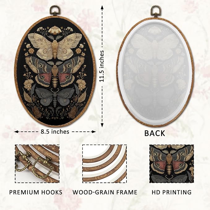 DOFQZ Dark Academia Butterfly Round Wall Art Decor, Vintage Moody Butterfly Framed Wall Art, Dark Cottagecore Flower Moth Canvas Wall Hanging Decor for Home Bedroom Living Room, 8.6x11.4
