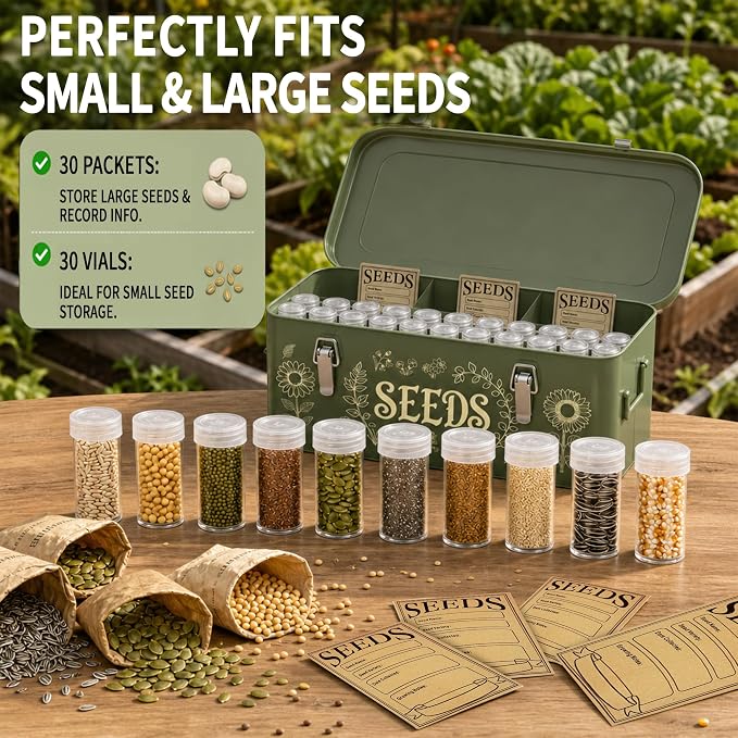 Seed Storage Organizer Box, 4 Compartment Locking Metal Case | Heirloom seed bank organizer provides professional greenhouse storage for master gardeners to secure valuable vegetable packs
