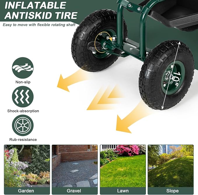 Rolling Garden Work Seat with Wheels, Gardening Stool for Planting, 360 Degree Swivel Seat, Garden Scooter with Steering Handle & Tool Tray, Garden Chair for Outdoor, Patio and Yard,Green