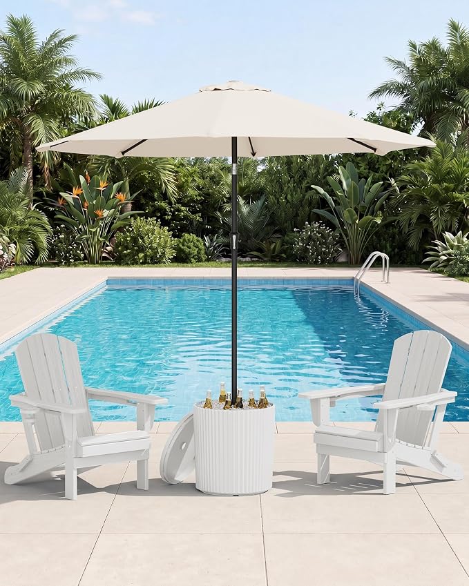 SERWALL Outdoor Round Umbrella Side Table, 3-in-1 Ice Bucket & Side Table & Storage Box, Multi-Functional Use for Porch/Patio/Poolside, Beige