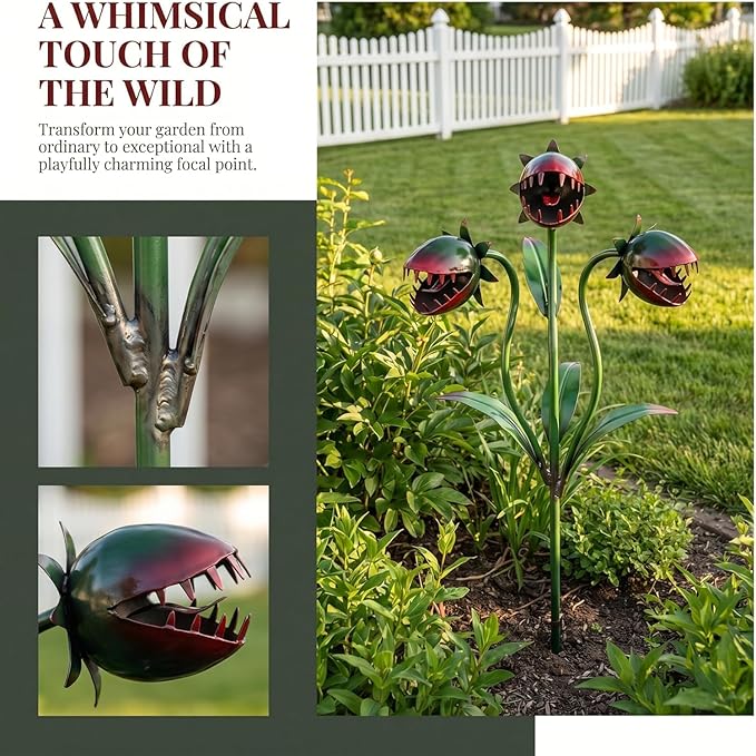 Whimsical Metal Carnivorous Plant Garden Stake, 25-Inch Large Venus Flytrap Monster Sculpture, Rust-Resistant Outdoor Yard Art Decor for Patios, Flower Beds, Lawn, Planters & Quirky Garden Gift
