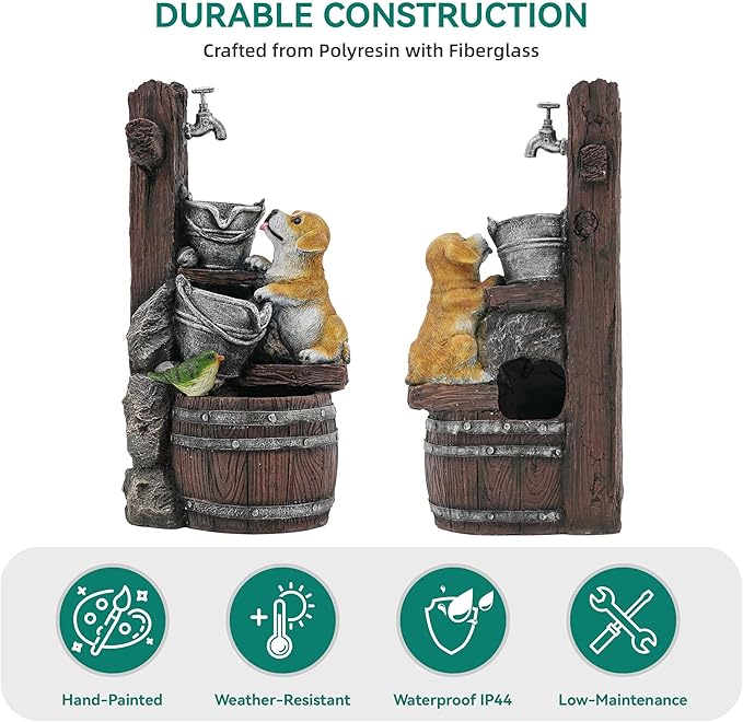 24.5" Puppy & Green Bird Outdoor Fountain, 3-Tier Pastoral Water Feature with LED Lights, Resin Buckets & Wooden Barrel Soothing Cascading Waterfall for Patio, Backyard, Garden
